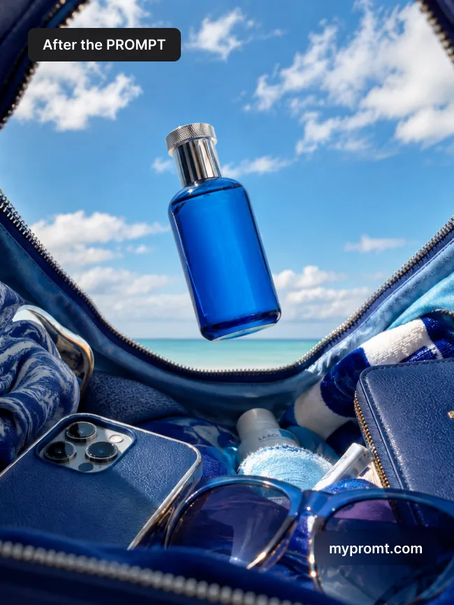 Product falling into a summer beach bag — AI prompt result (after)