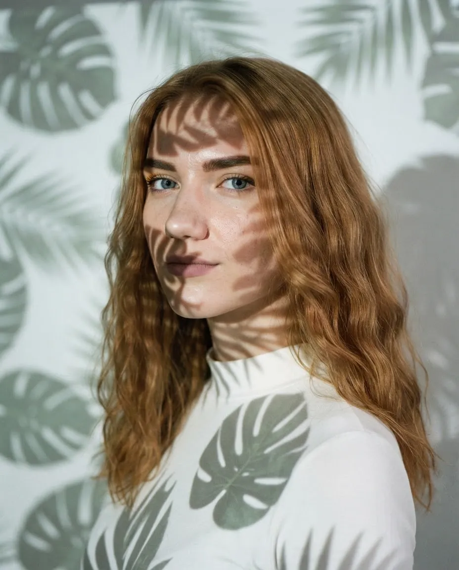 Studio portrait with a projected tropical leaf pattern falling across the face and backdrop