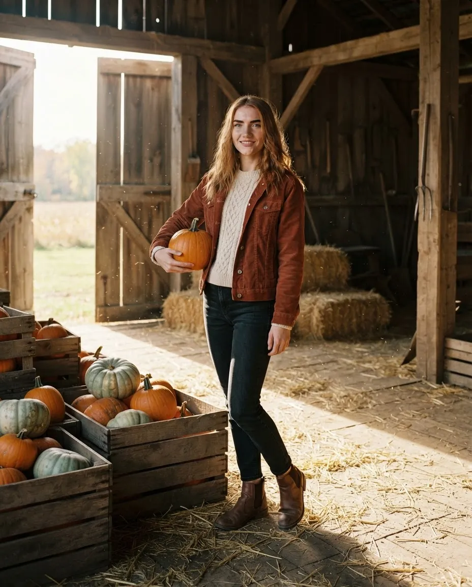 Young woman among crates of pumpkins in an old timber barn with light through the open doors
