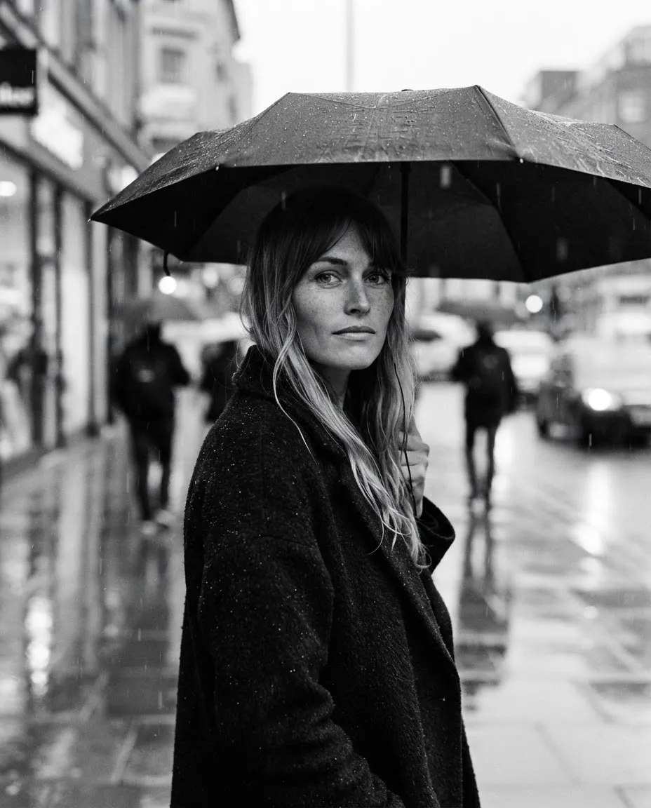Black and white street portrait of a woman under an umbrella in the rain with wet reflective pavement