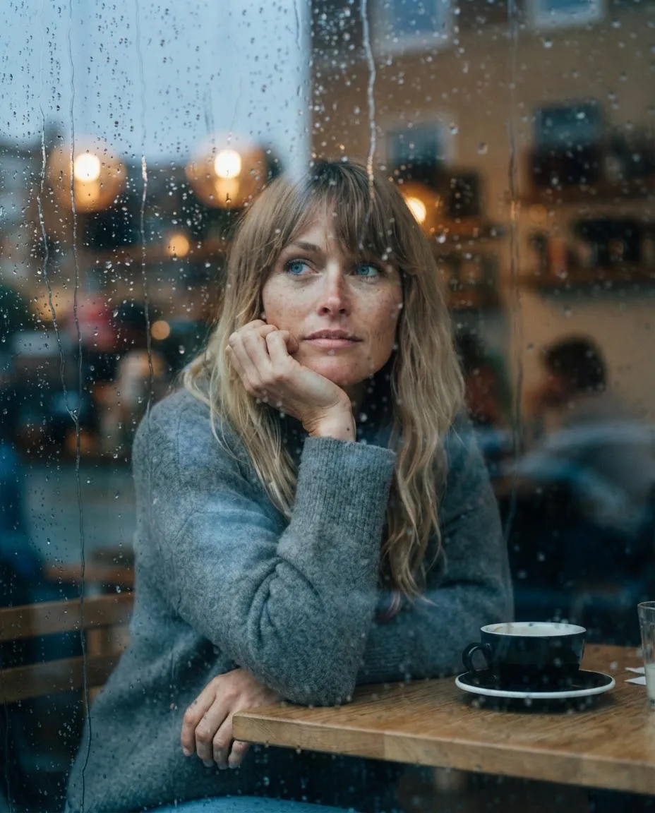 Portrait shot through a rain-covered cafe window, warm interior light behind the glass