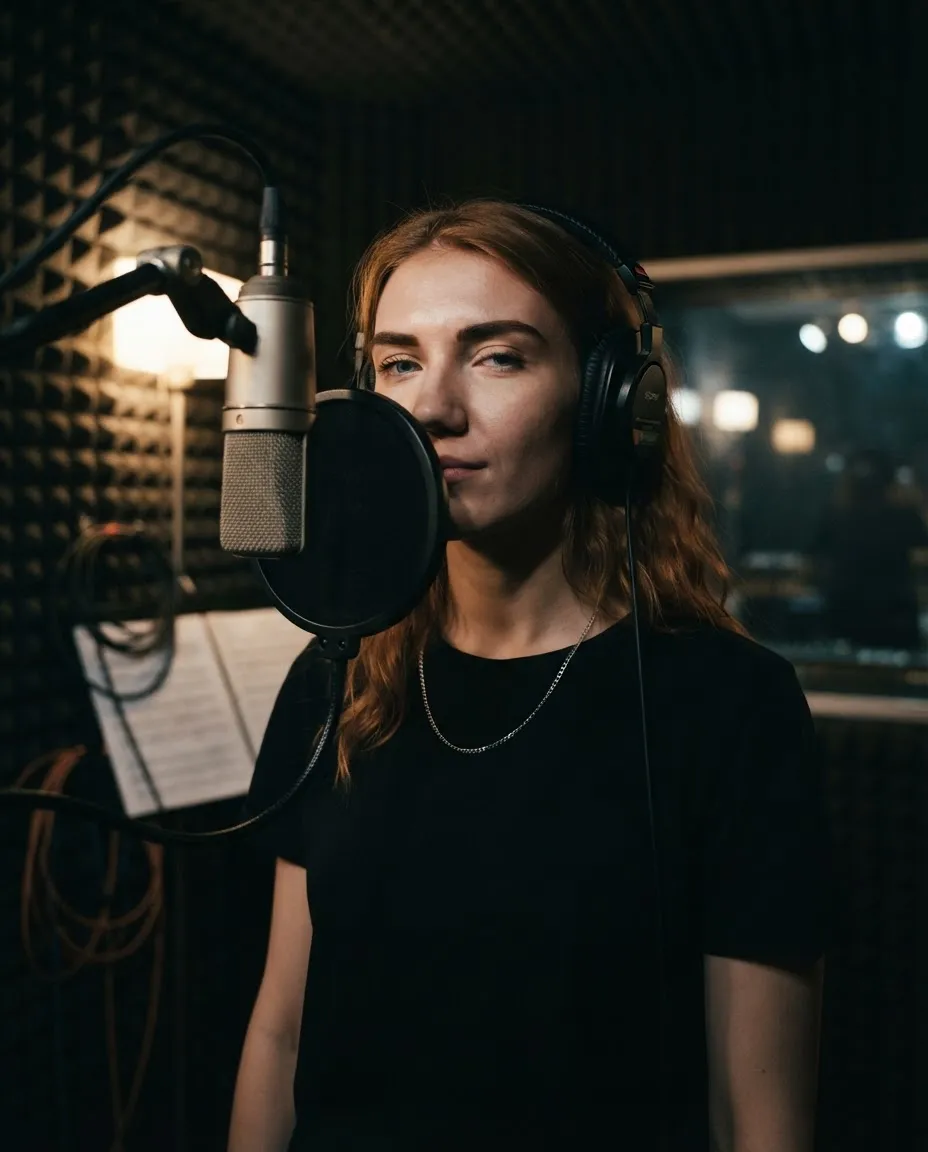 Young woman in headphones singing into a condenser microphone in a dark recording booth