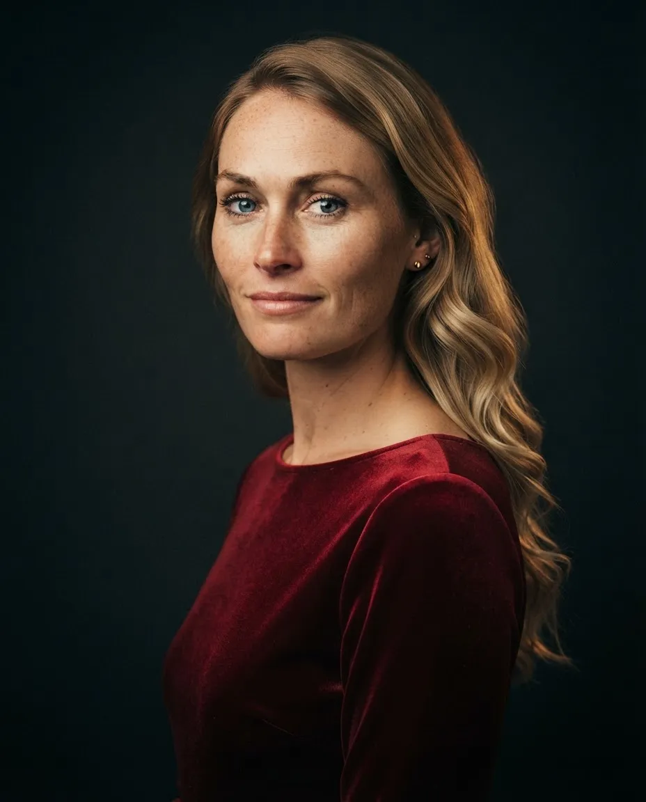 Studio portrait of a woman in a deep red velvet dress against a dark backdrop with warm rim light