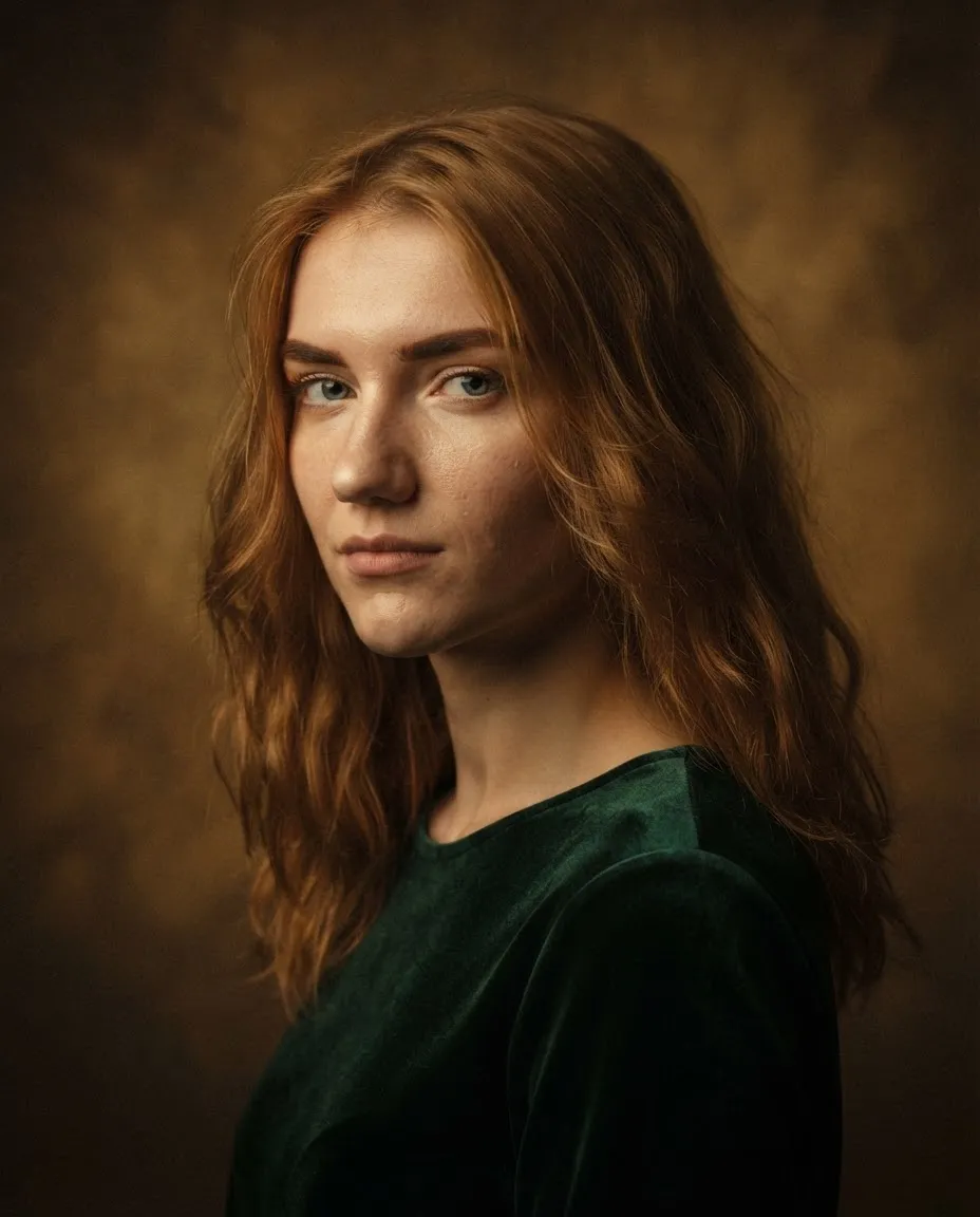 Painterly studio portrait with Rembrandt lighting against a mottled hand-painted canvas backdrop