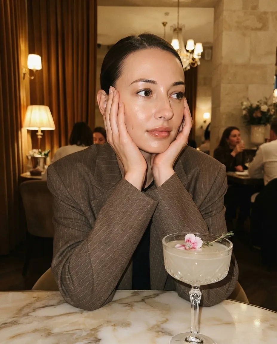 Evening selfie in a restaurant with both hands framing the face and a cocktail on a marble table