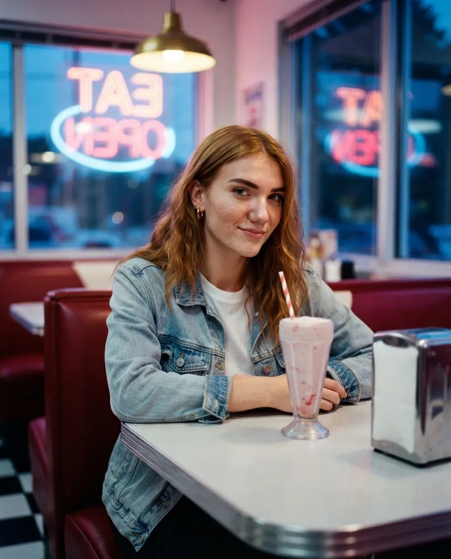 Young woman in a red vinyl diner booth with chrome trim and neon light in the window behind