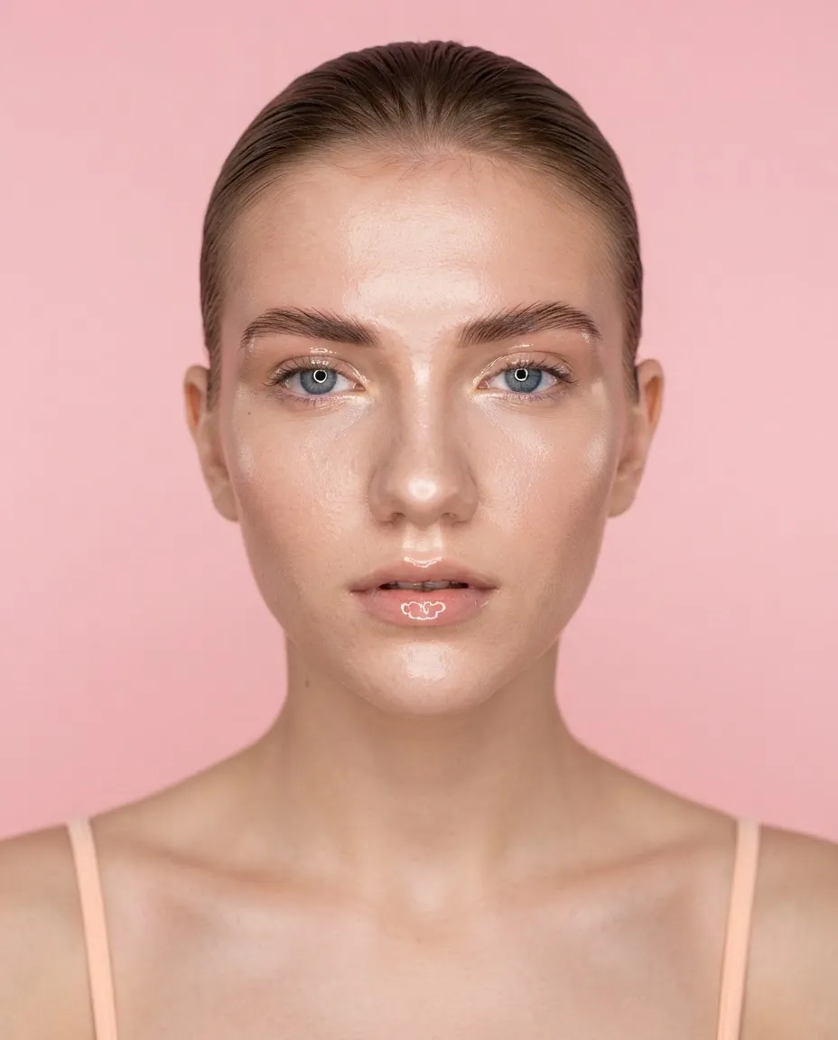 Beauty portrait lit by a ring light with glossy makeup against a pastel pink backdrop