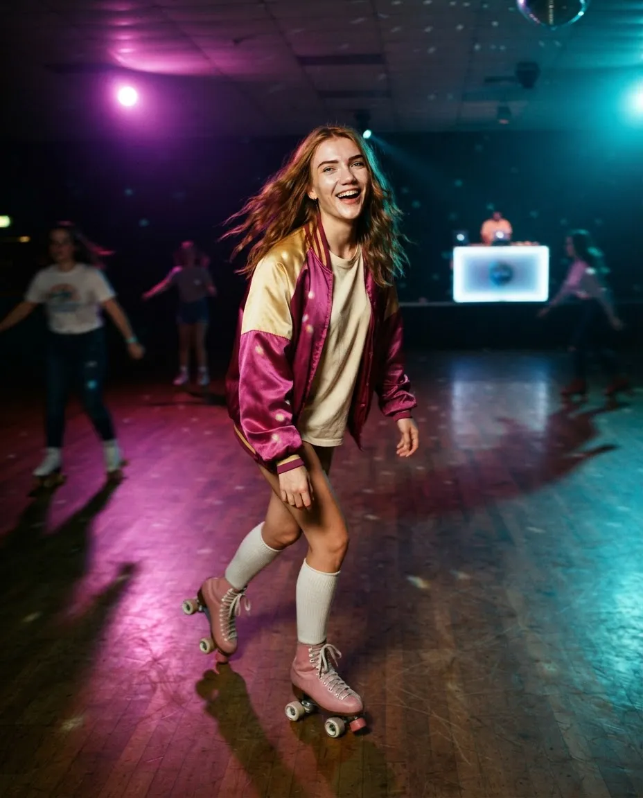 Young woman on roller skates at an indoor rink under mirror ball and coloured disco lights
