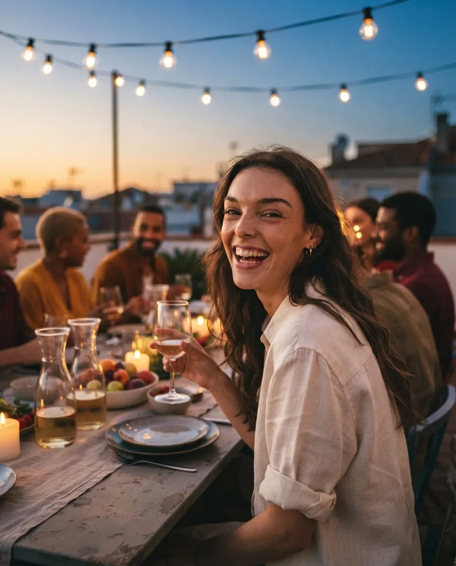 Young woman at a long rooftop dinner table at dusk under strings of warm bulbs
