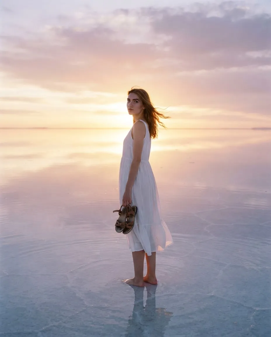 Young woman standing on mirrored salt flats at sunset with the sky reflected under her feet