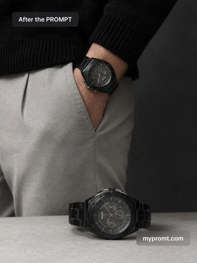 Scandinavian double-watch campaign shot — AI prompt result (after)