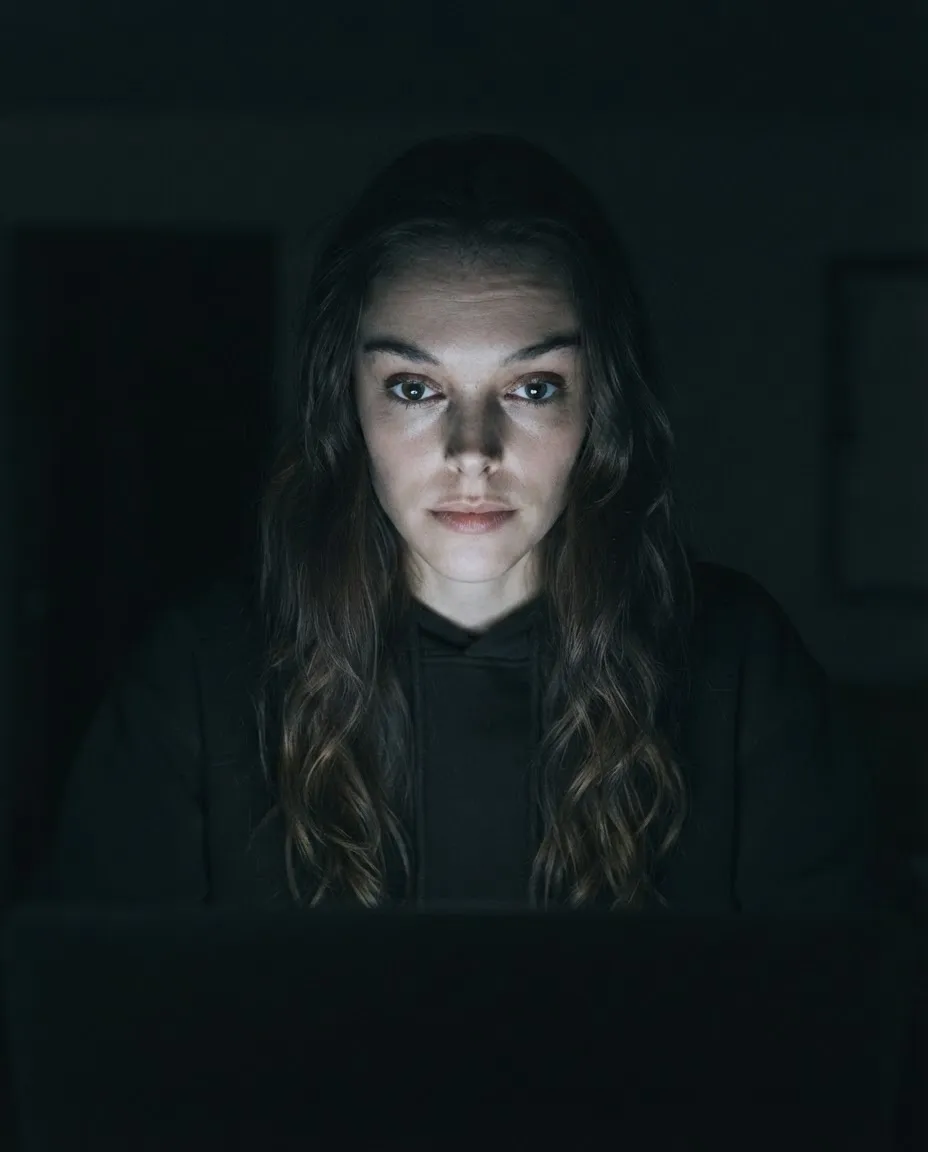 Low-key portrait lit only by the cool glow of a laptop screen in a dark room