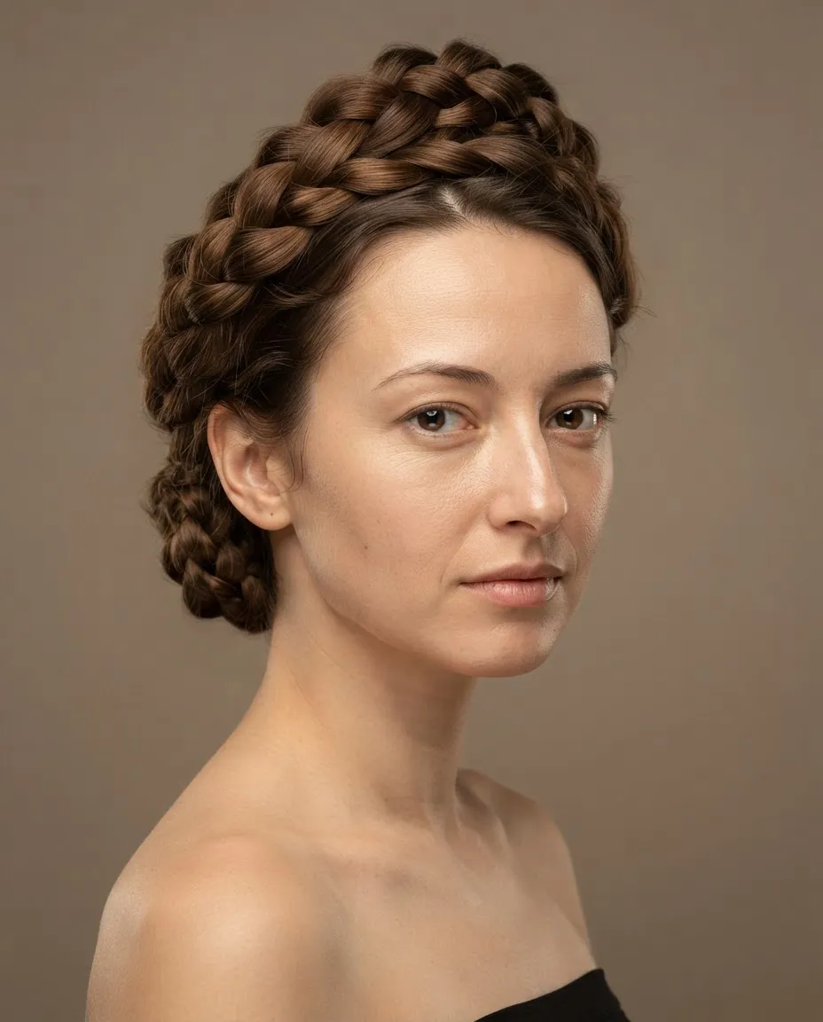 Beauty studio portrait focused on hair styled into sculptural braids and loops