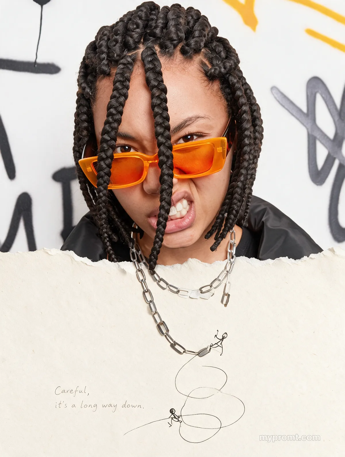 Poster torn across the middle: a photograph above, ivory paper below, a chain continuing from the photo into a drawn line with two tiny line figures on it