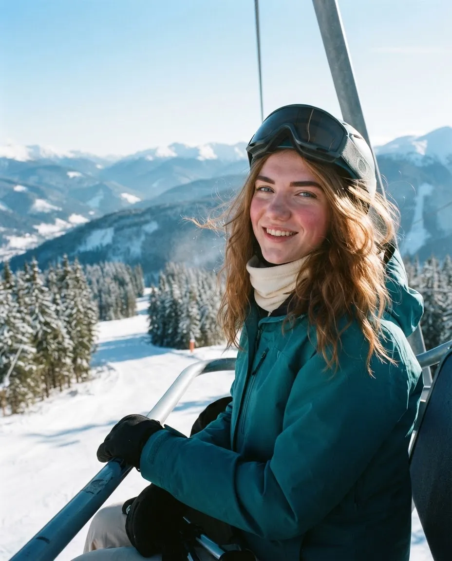 Young woman on a chairlift above snowy pines with mountain peaks in the background
