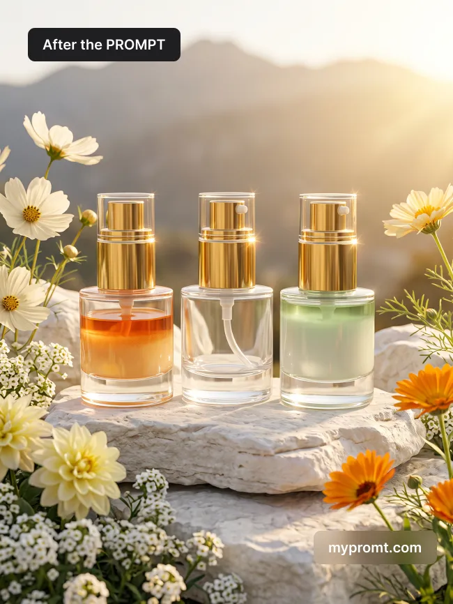 Three skincare bottles on a limestone rock among white and orange wildflowers in golden-hour light