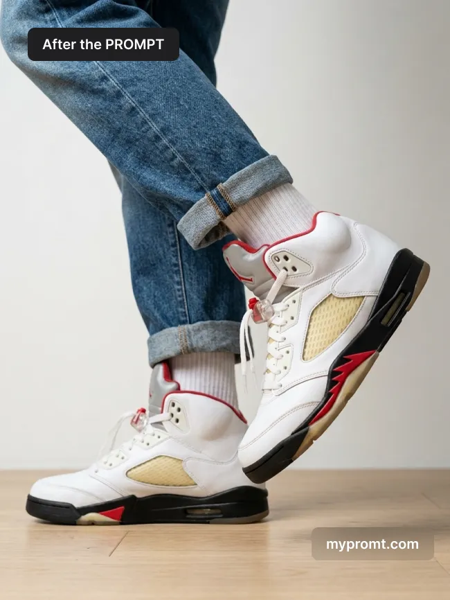 Sneakers on feet studio lookbook shot — AI prompt result (after)