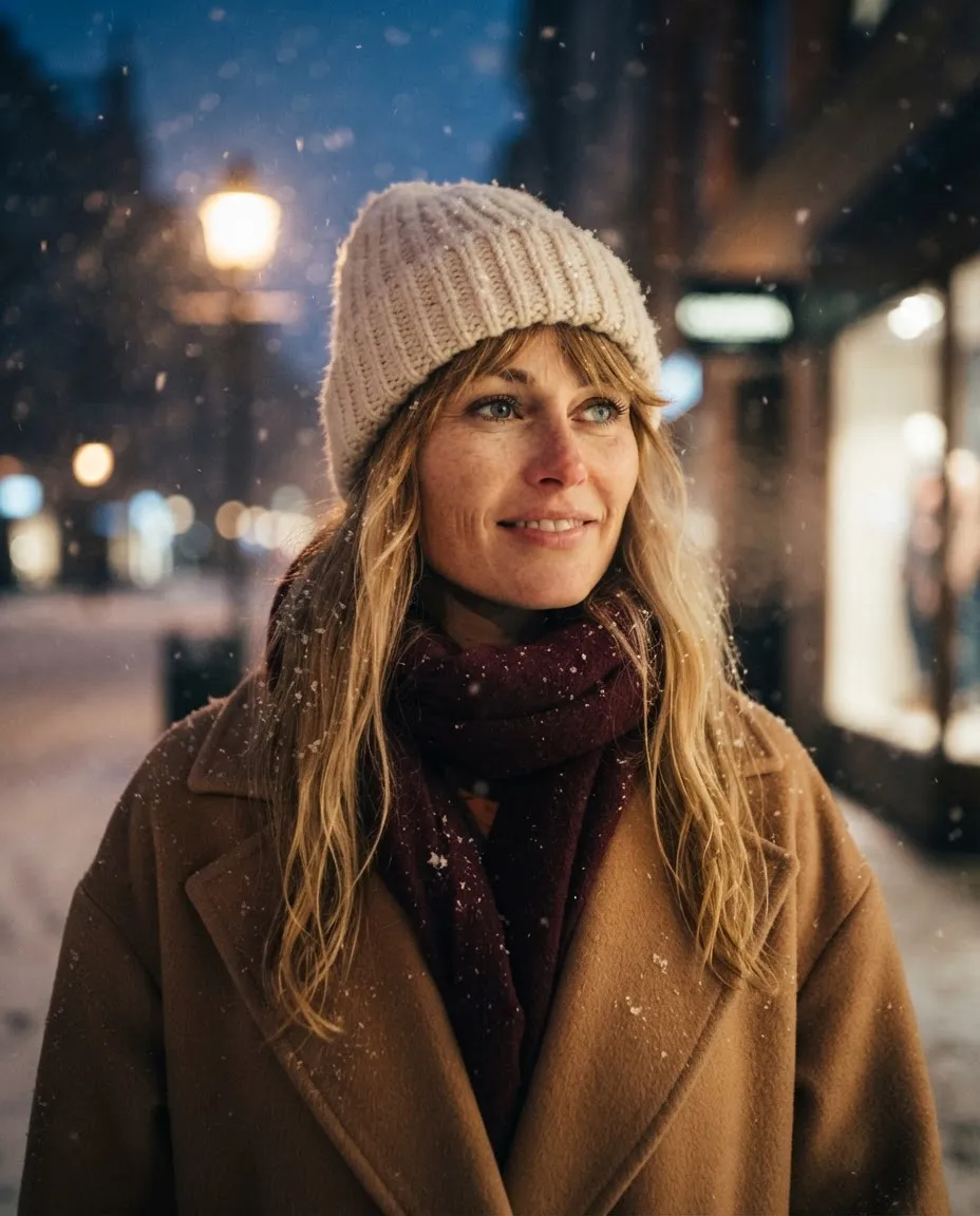 Woman in a camel coat and knit beanie on a snowy night street, warm street-lamp bokeh behind her