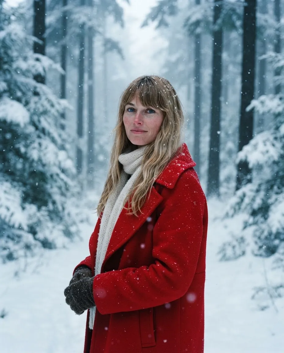 Woman in a red wool coat standing among snow-covered pine trees while snow falls