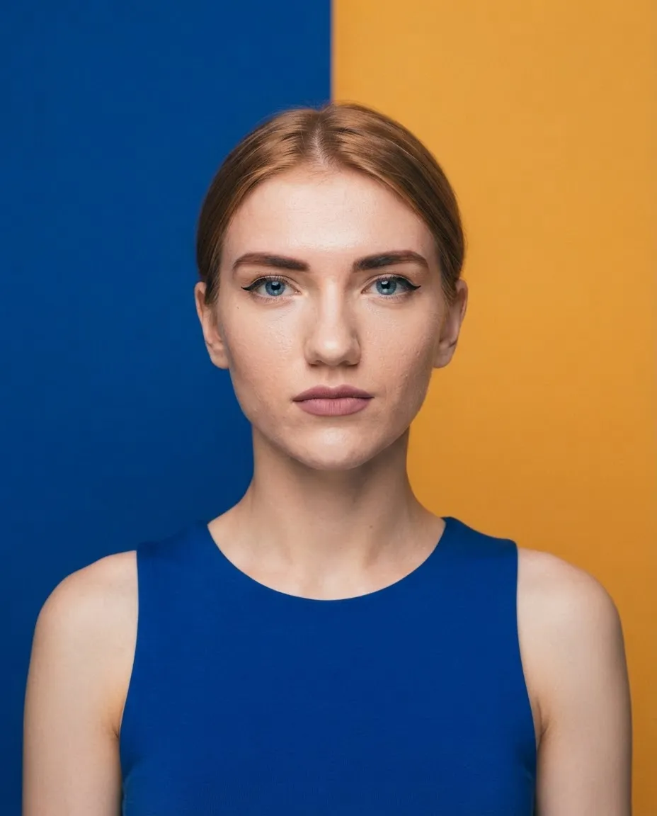 Graphic studio portrait against a backdrop split into two flat colour blocks