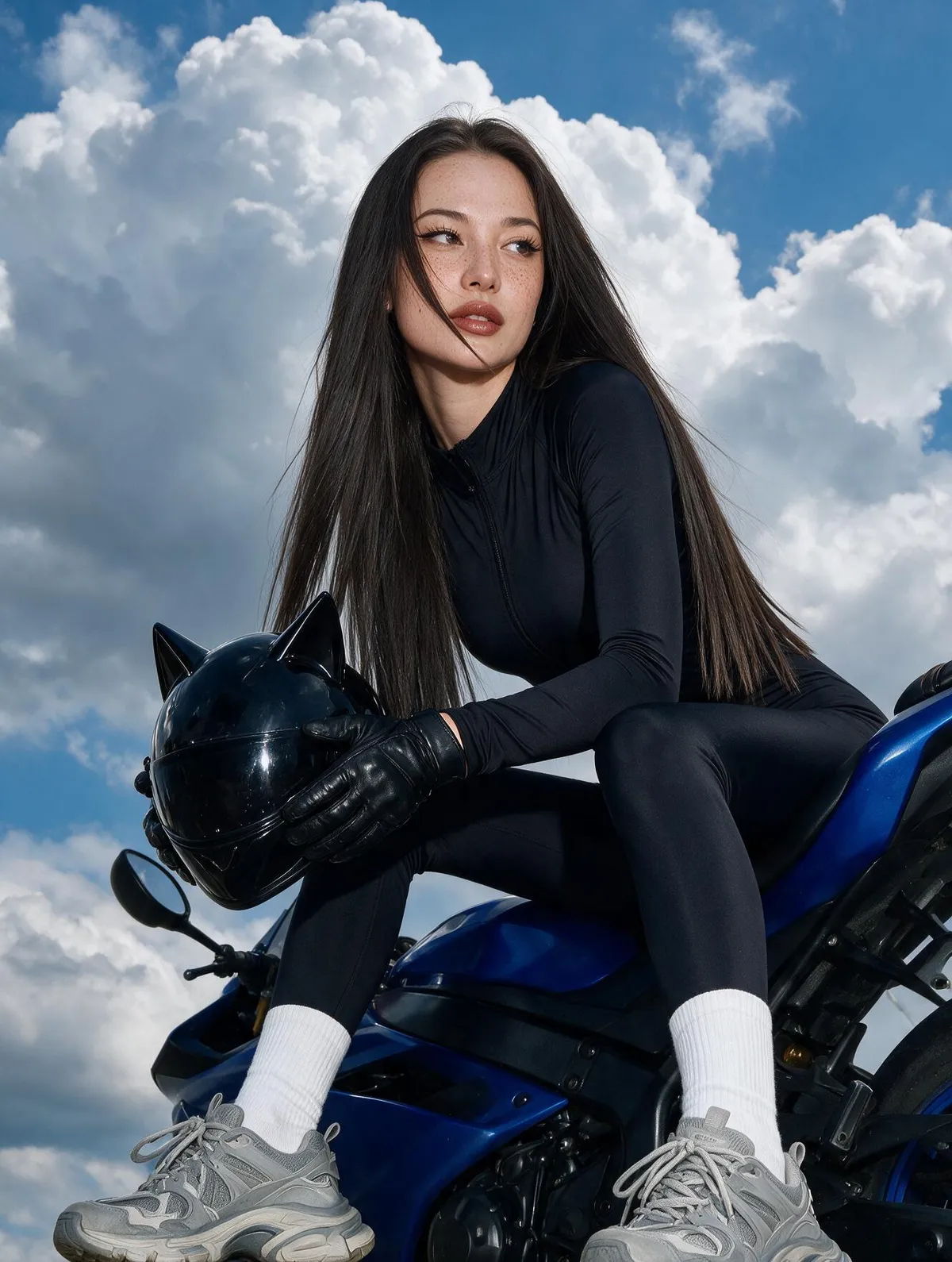 Low-angle portrait of a woman in a black catsuit sitting on a blue sport motorcycle against a cloudy blue sky