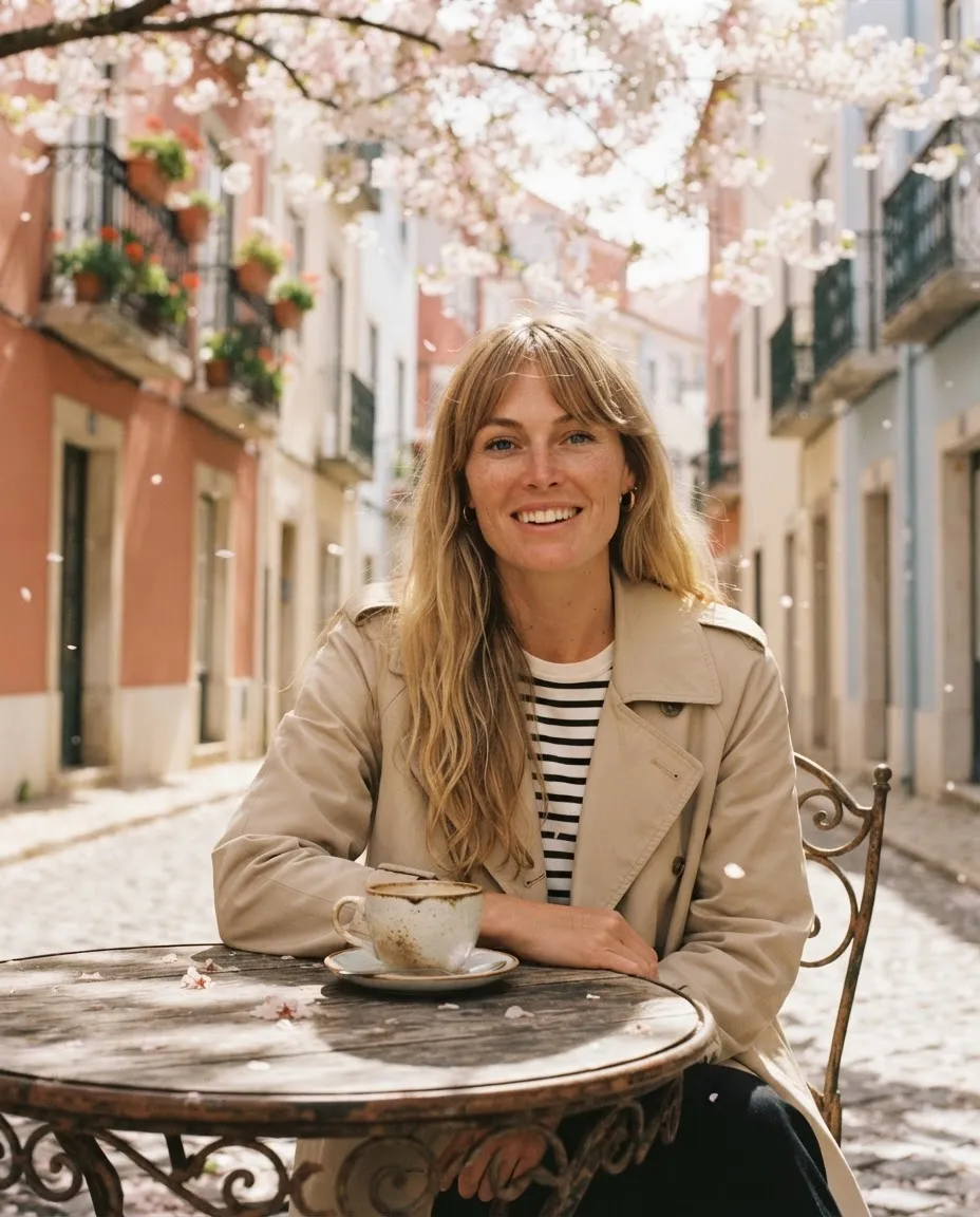Woman at a small cafe table on a cobbled European street with cherry blossom overhead and petals falling