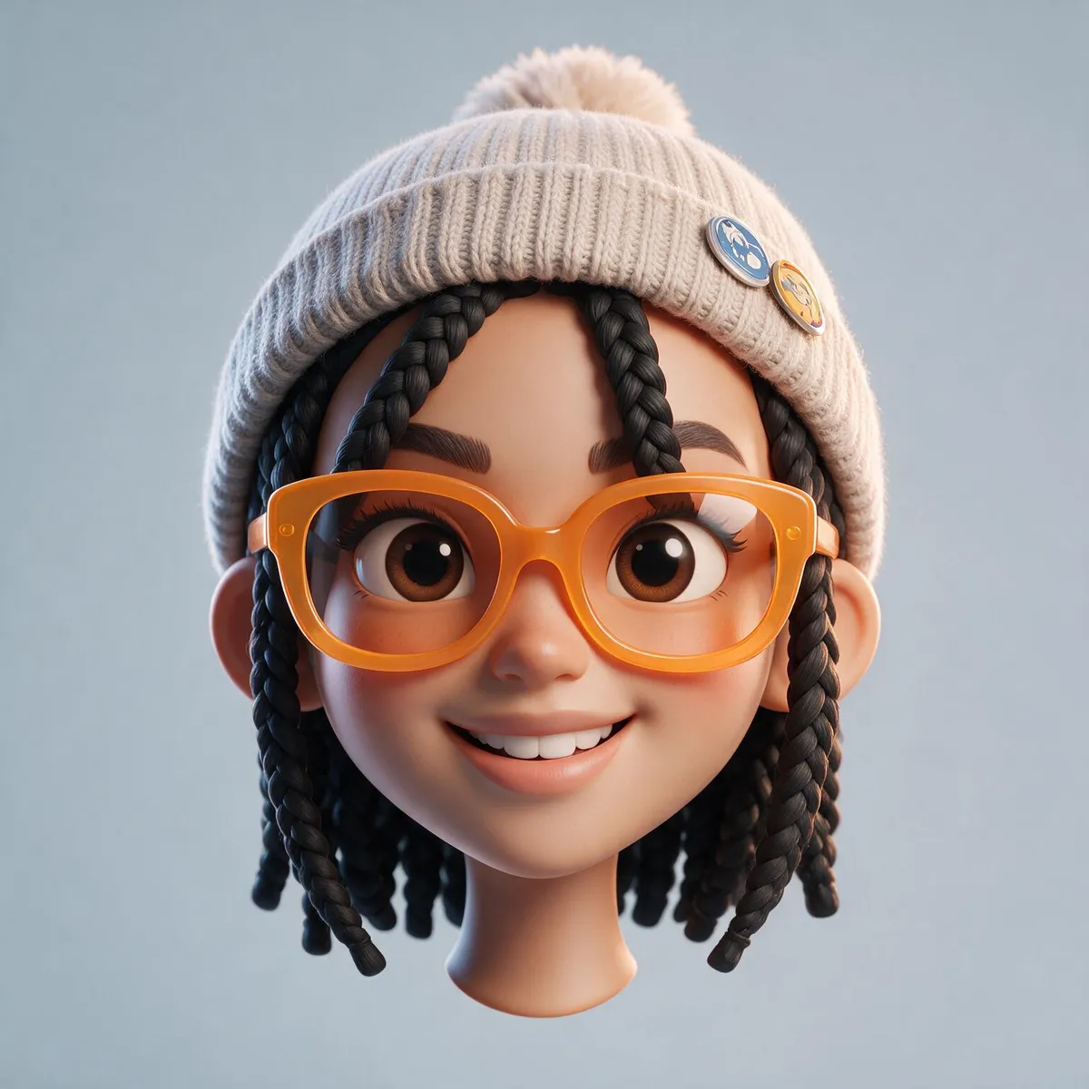 Stylised 3D avatar head with braided hair, orange glasses and a cream knitted beanie with enamel pins on a pale blue-grey background