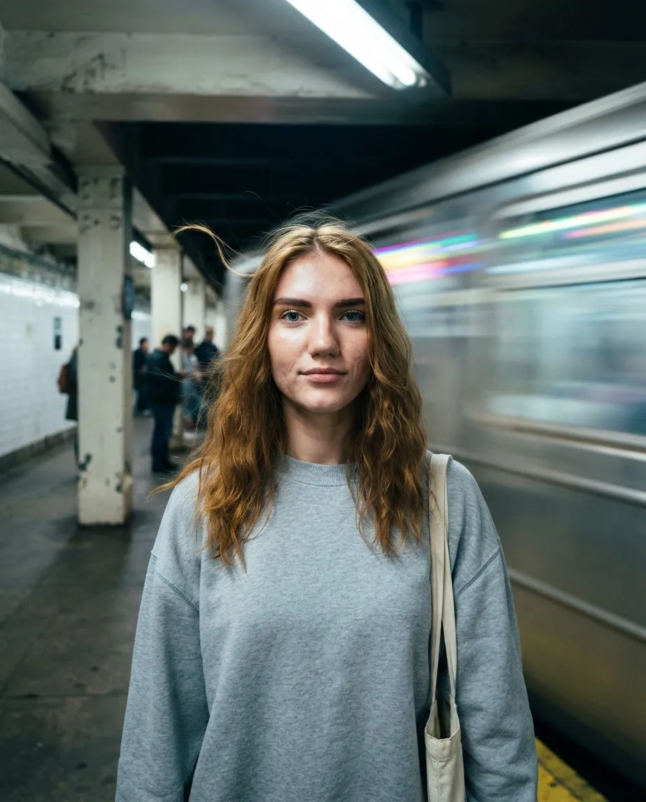 Young woman standing still on a subway platform as a train passes in motion blur behind her