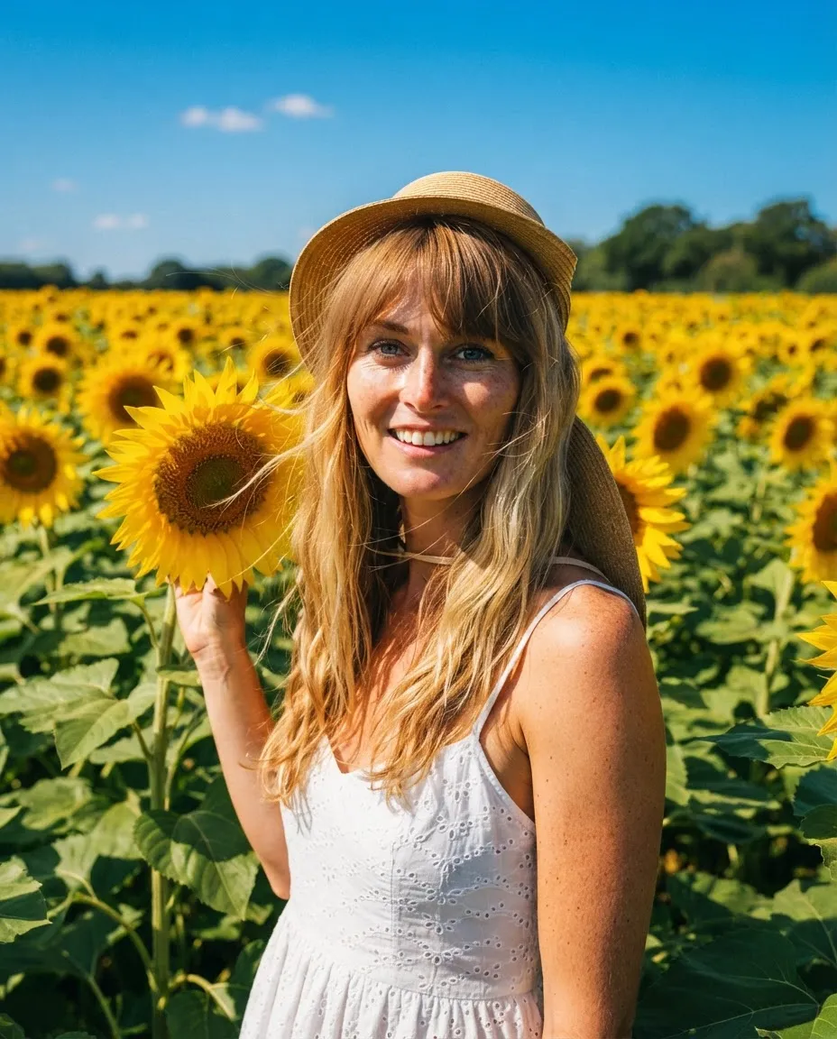 Woman standing among tall sunflowers in bright midday sun with a saturated blue sky above