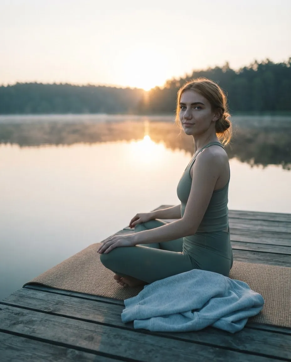 Young woman sitting on a yoga mat on a wooden pier at sunrise with mist over flat water