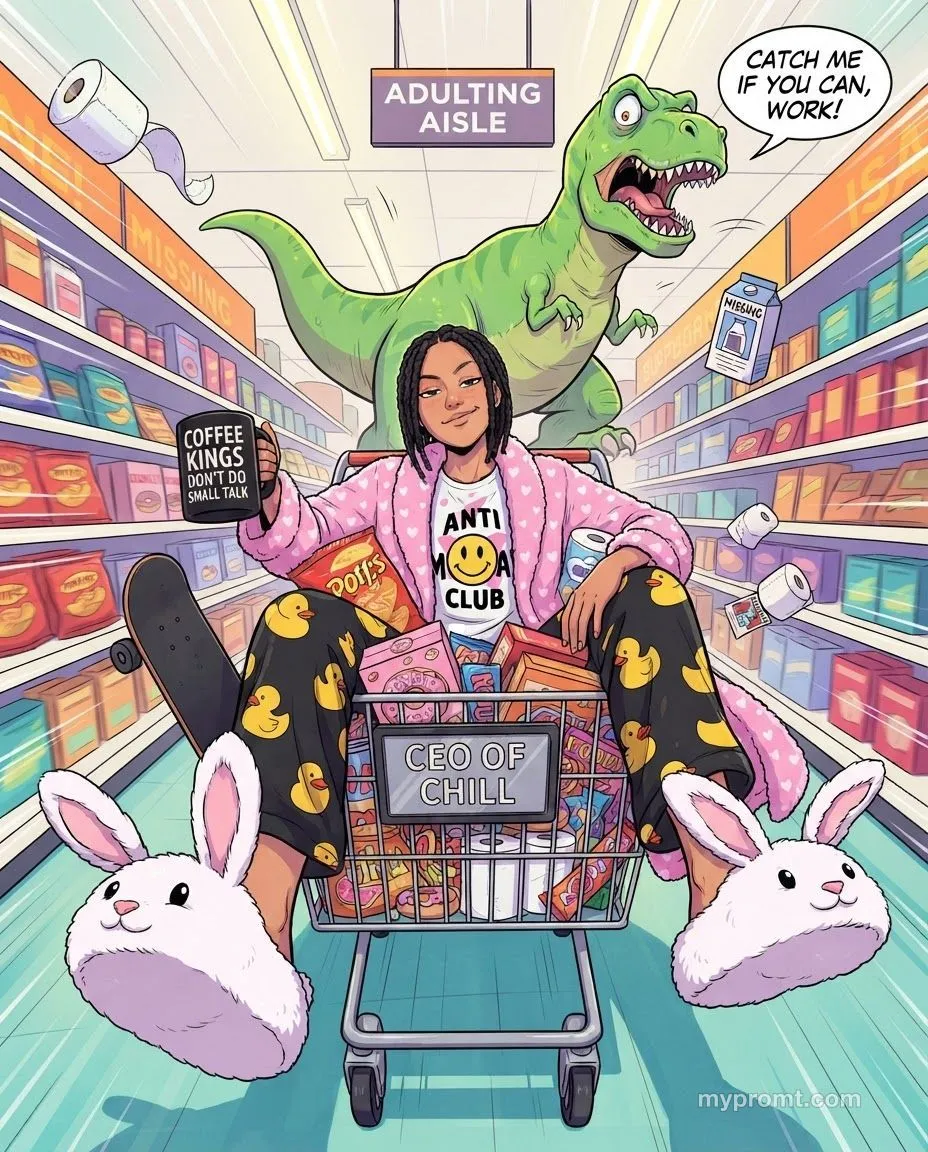 Anime illustration of a person riding a shopping trolley in bunny slippers and duck pyjamas down a supermarket aisle chased by a green T-Rex