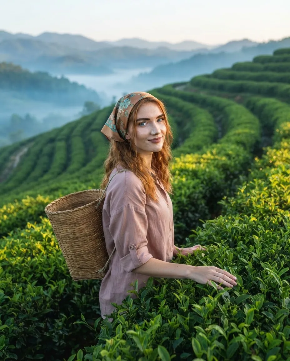 Young woman with a woven basket among terraced tea rows at dawn with mist between the hills