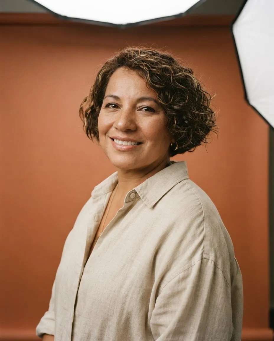 Studio portrait of a woman in natural linen against a warm terracotta backdrop in soft light