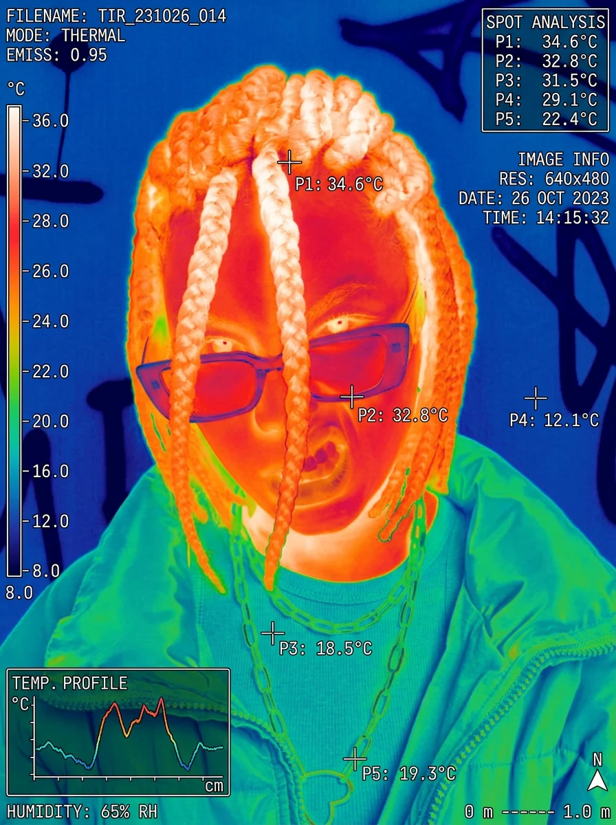 Portrait rendered as a thermal infrared capture with a temperature scale and spot analysis overlay