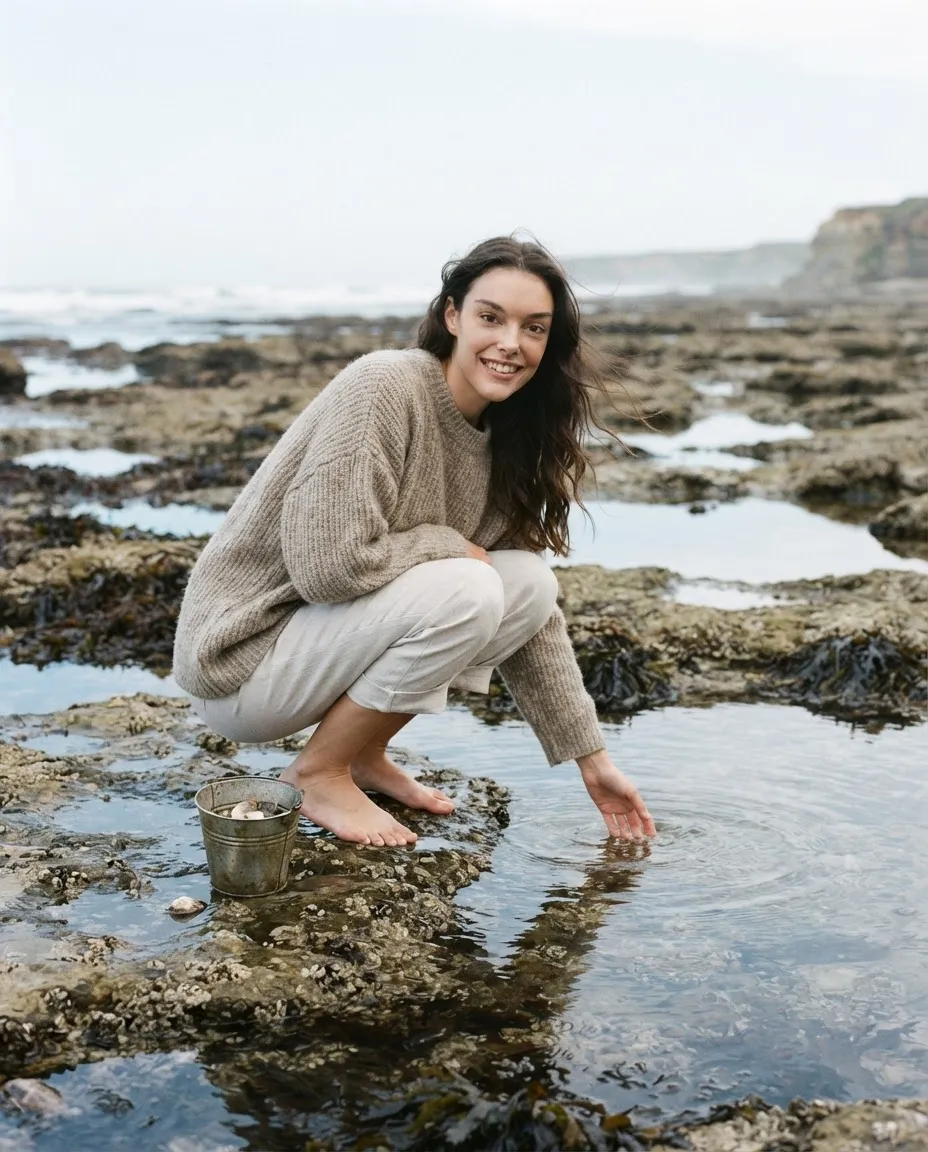 Young woman crouching beside shallow tide pools on a rocky shore at low tide