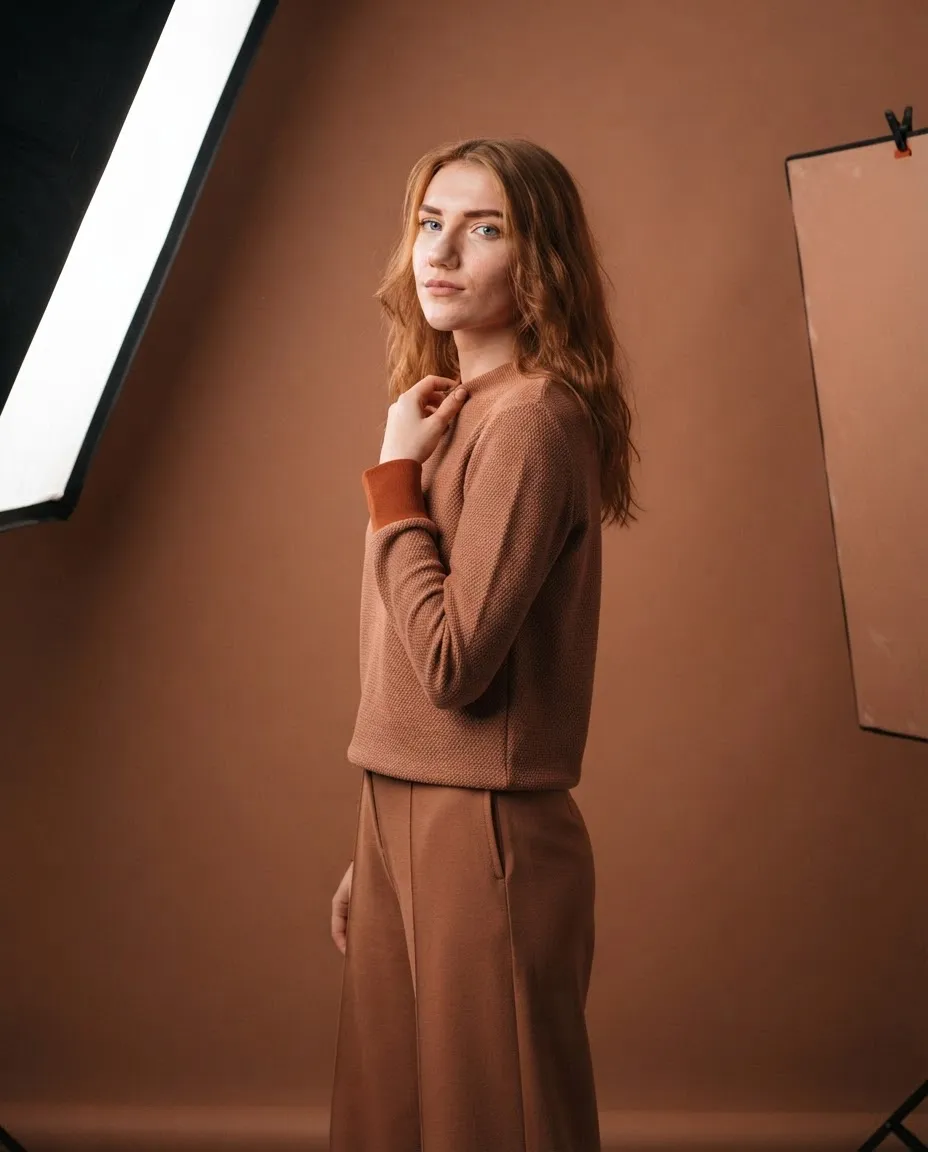 Editorial studio portrait in a single tonal colour family of clay and terracotta shades