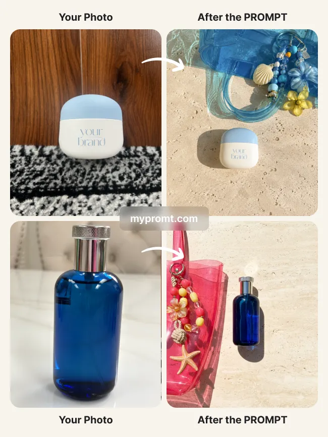 Travertine flat lay with a summer beach tote — example 2