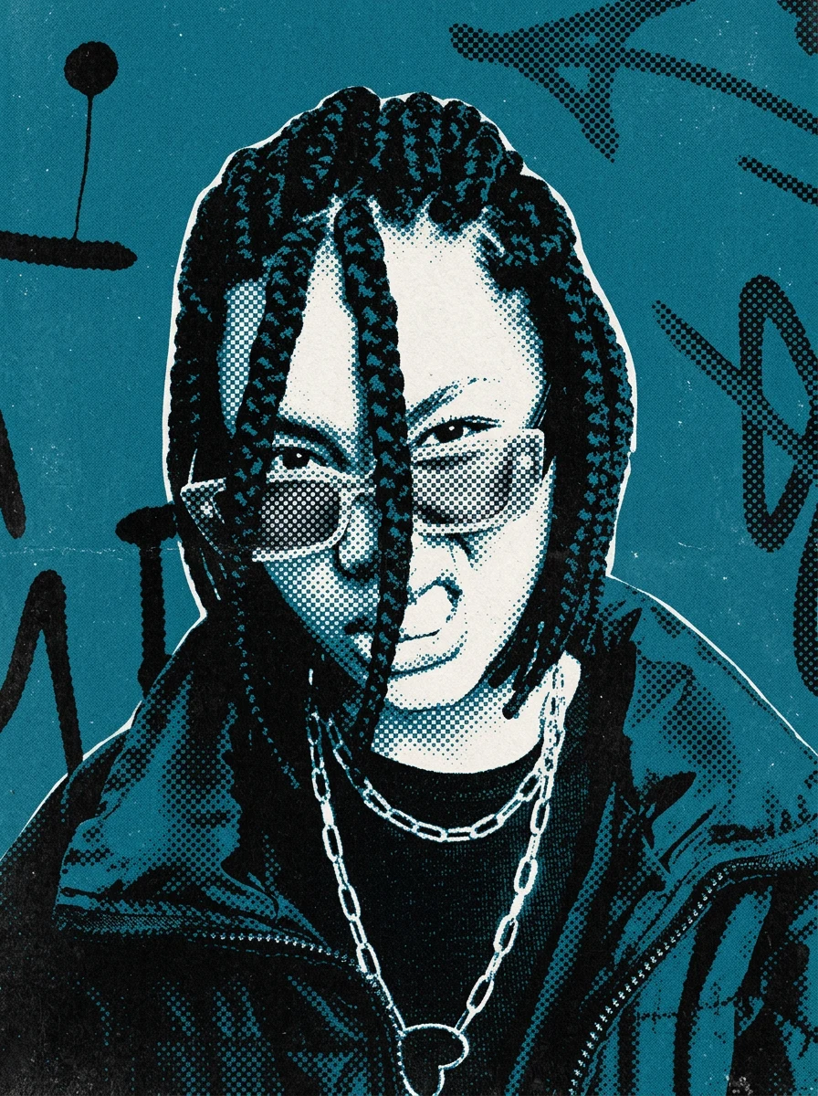 Portrait printed as a coarse teal and black halftone dot screen on paper white