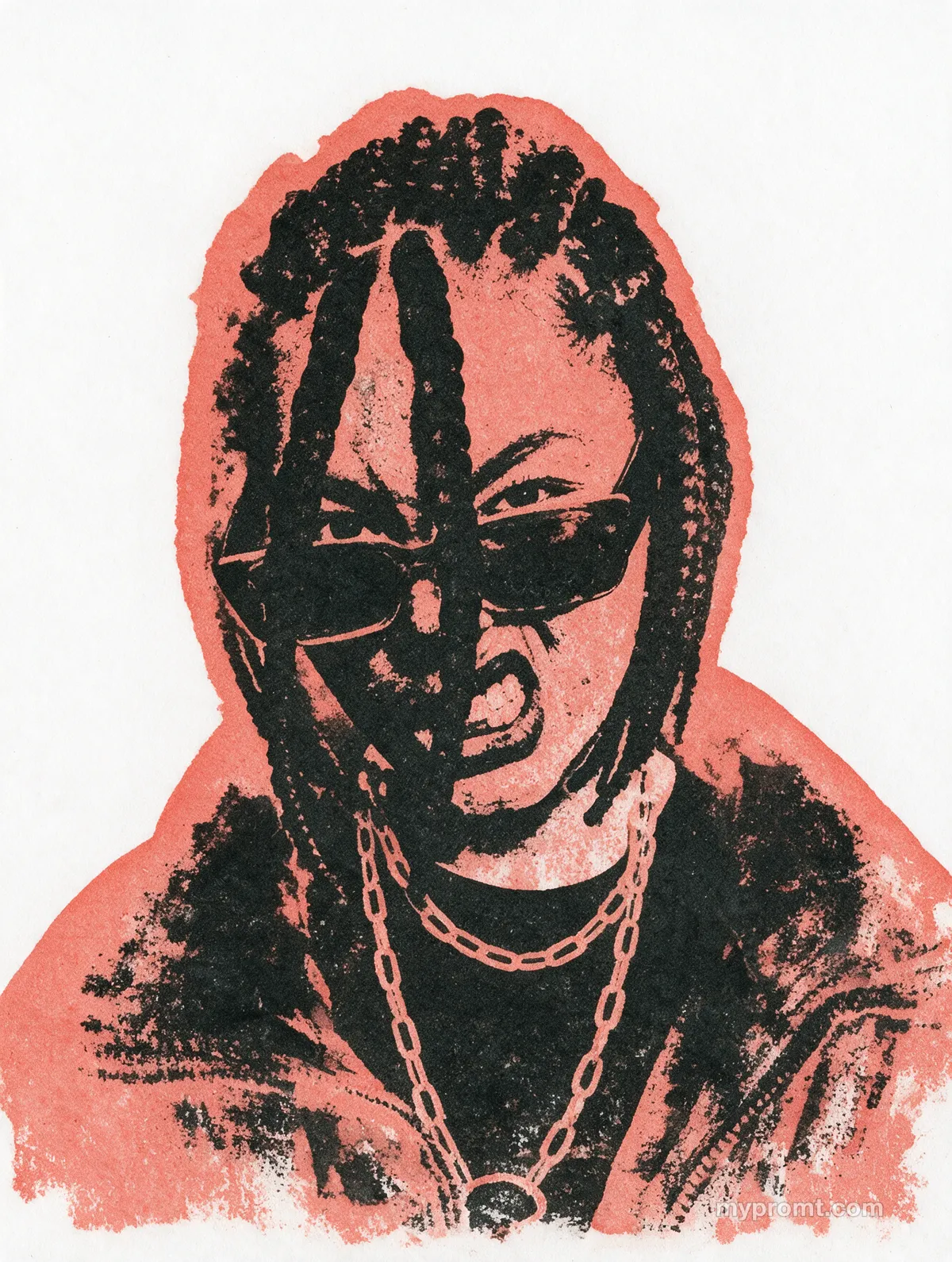 Crude two-colour rubber stamp print of a portrait: a solid coral red silhouette with a worn near-black impression printed inside it