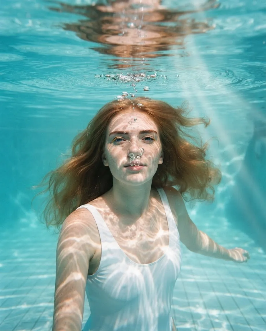 Young woman underwater in a pool with hair suspended and light caustics rippling across her face