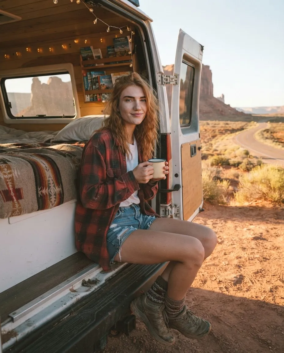 Young woman sitting in the open back doors of a camper van looking out over red desert rock