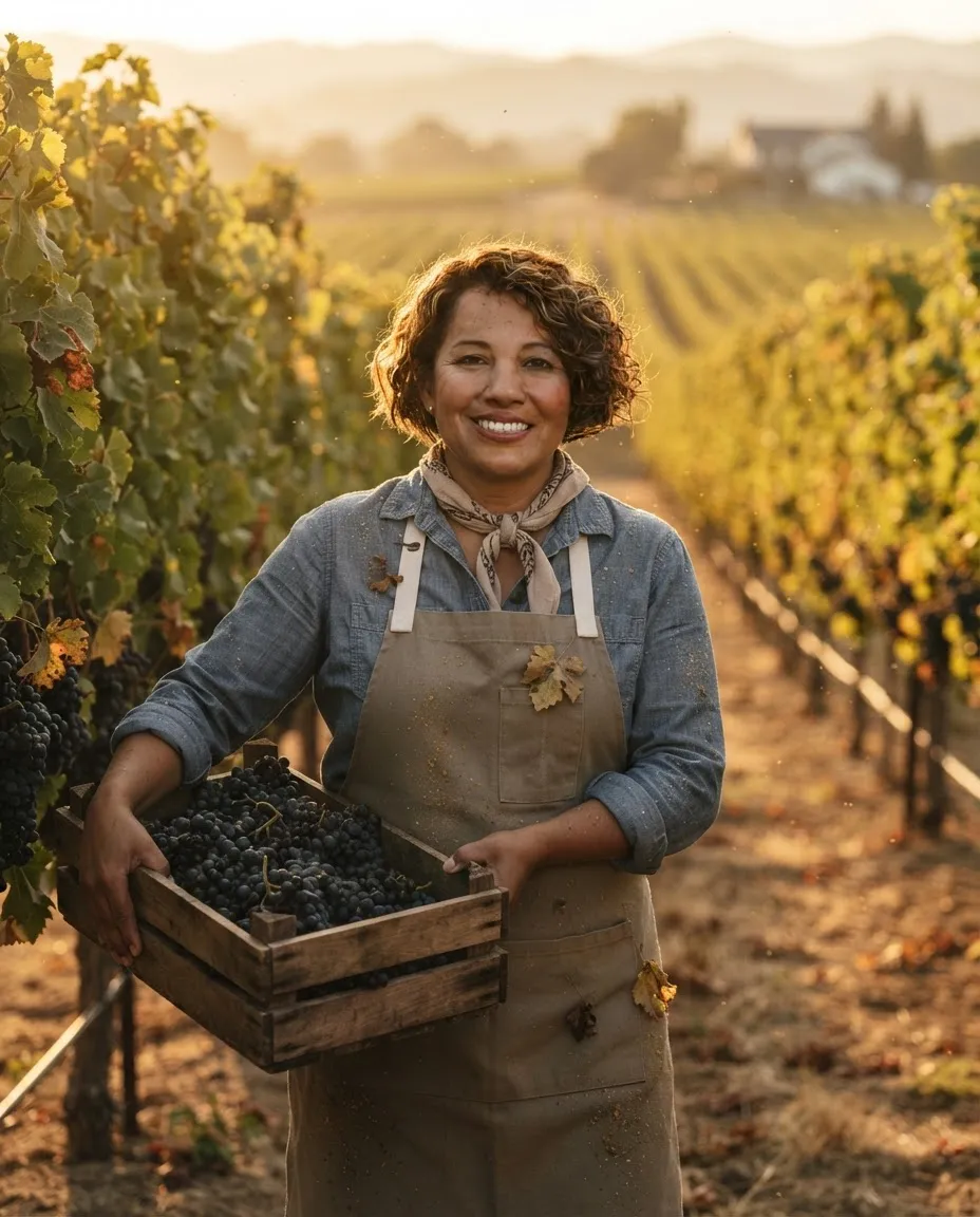 Woman holding a crate of grapes between vineyard rows at golden hour with hills behind