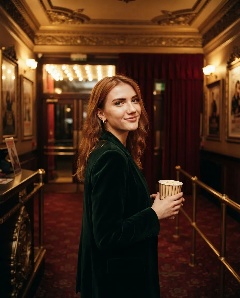 Young woman in a vintage cinema lobby with red carpet, gilded details and marquee lights behind