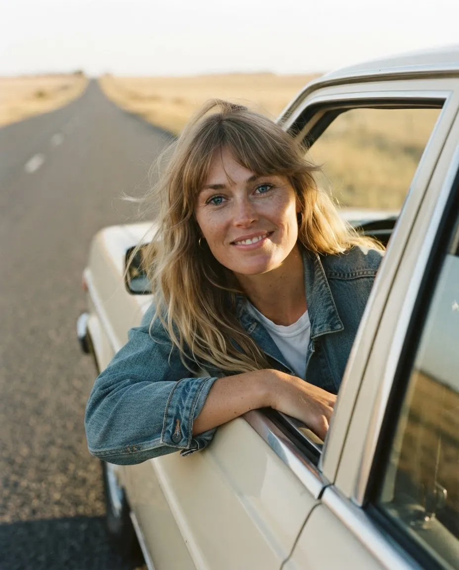 Woman leaning out of a vintage car window on an empty highway at sunset, film-look colours