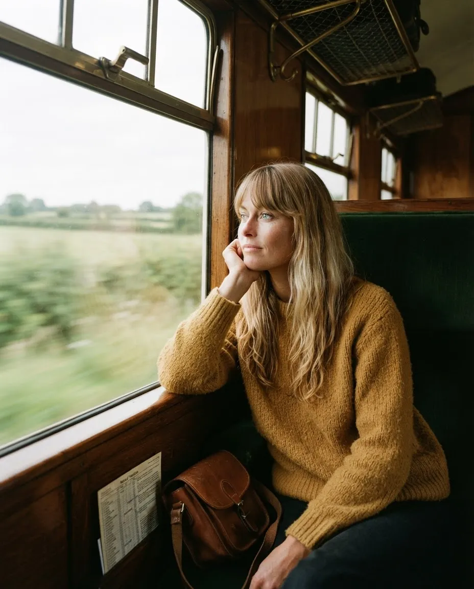Woman by the window of a vintage train compartment with velvet seats and blurred landscape rushing past