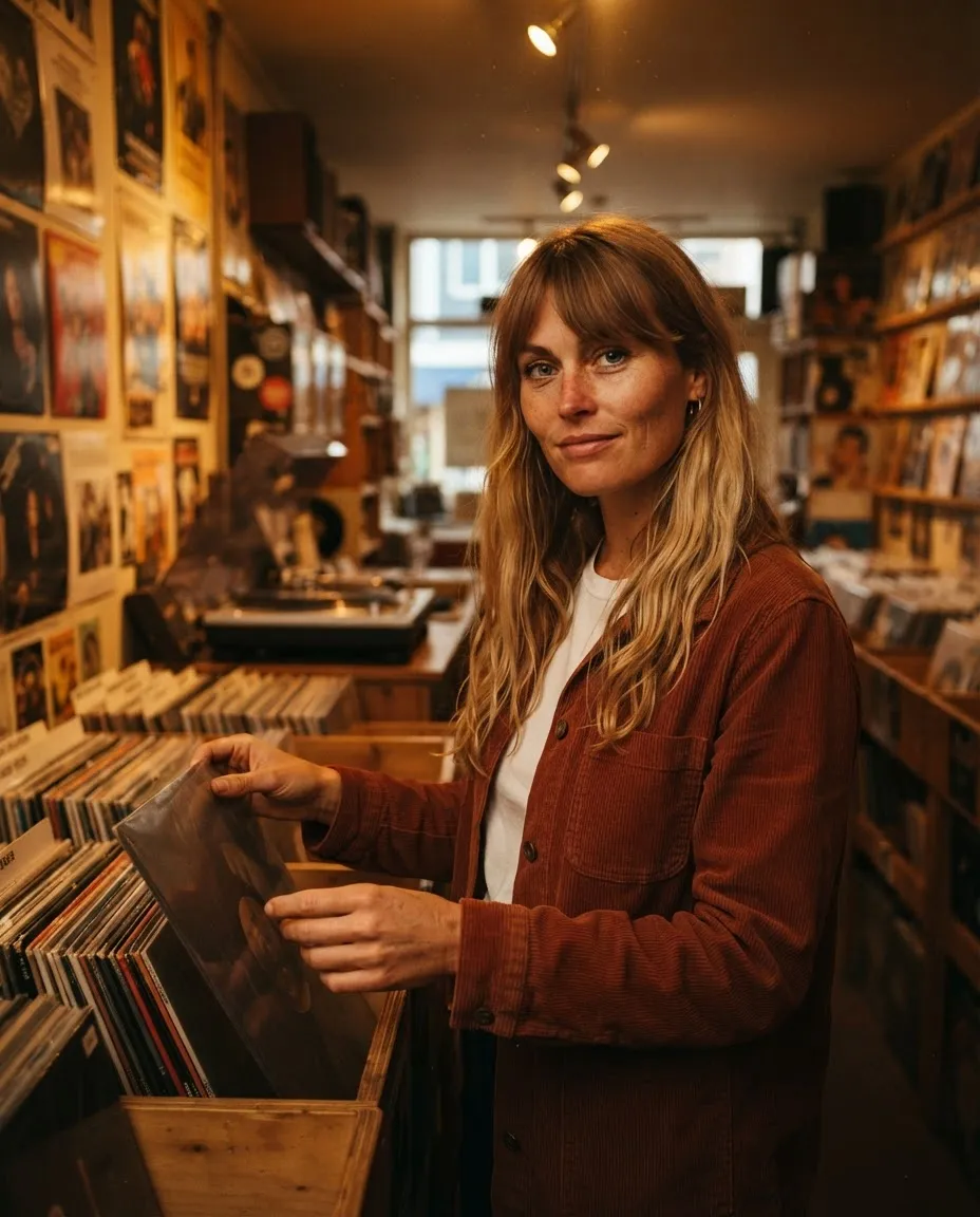 Woman browsing records in a warm-lit vinyl shop with wooden crates and packed shelves