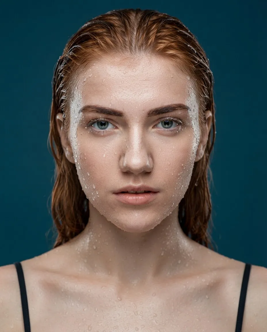 Beauty portrait with water droplets on the skin and wet swept-back hair in studio light