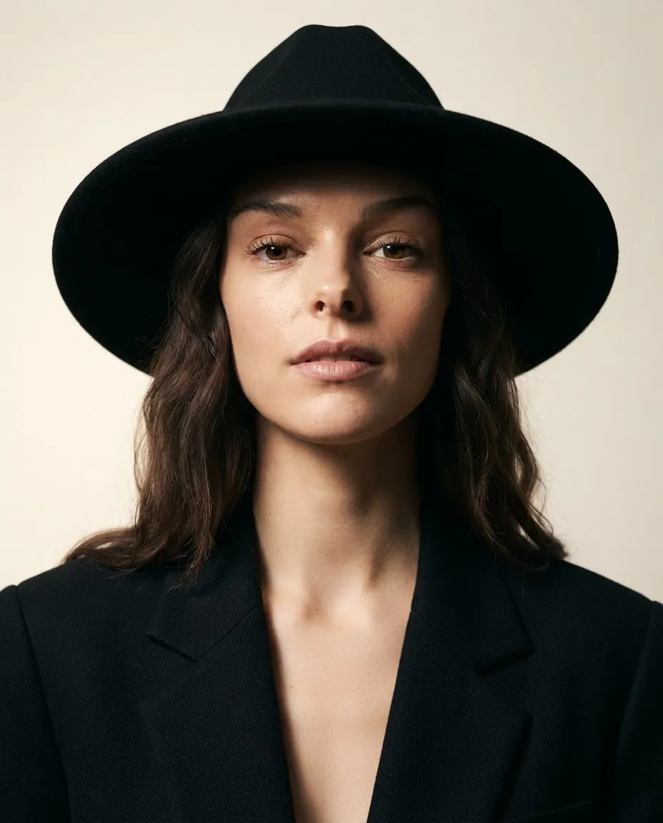 Fashion studio portrait with a wide-brim hat casting a hard shadow across the eyes