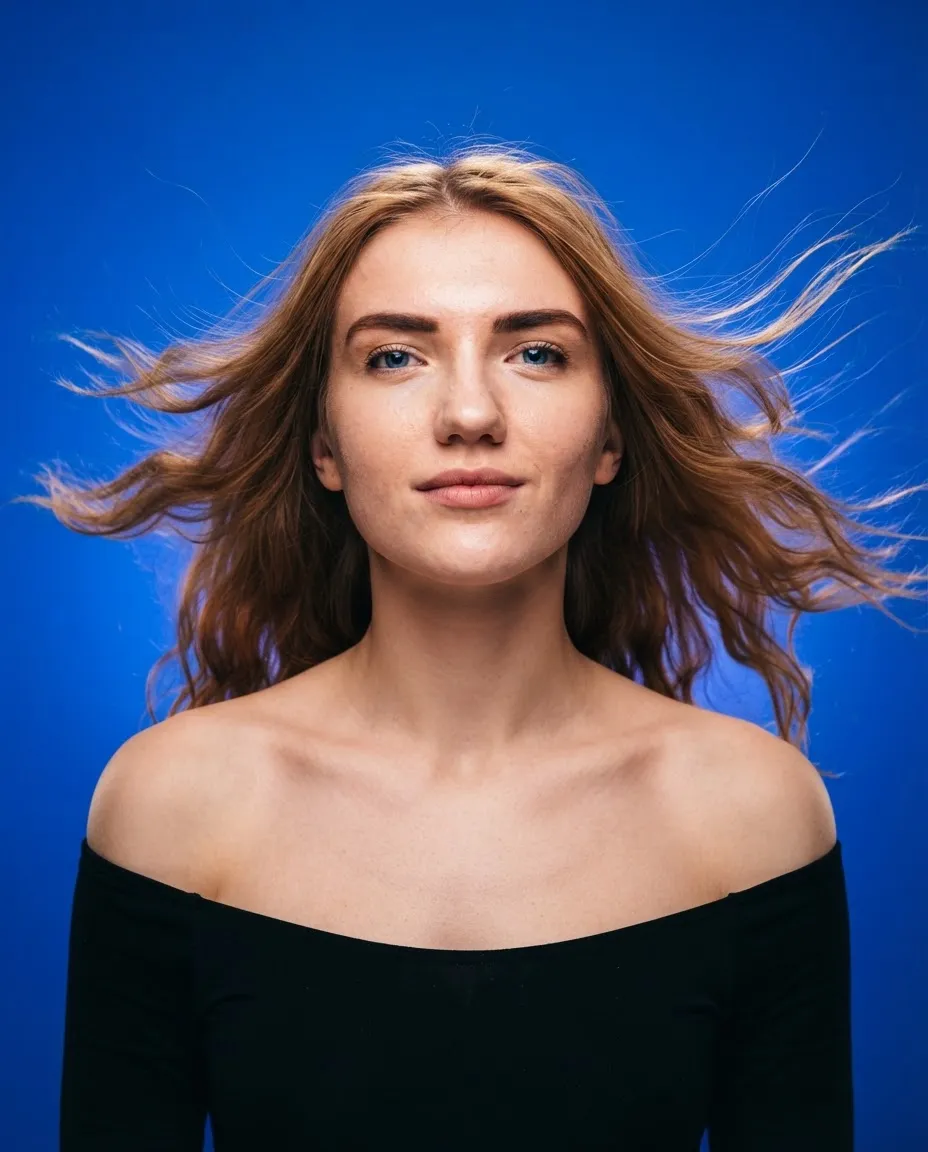 Beauty studio portrait with hair blown by a wind machine against a saturated cobalt blue backdrop