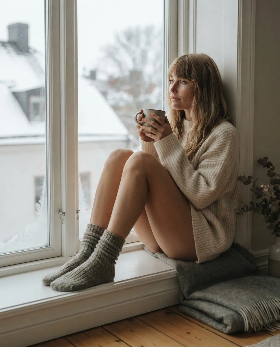 Woman in a cream knit sweater sitting on a windowsill with a mug, snowy rooftops beyond the frosted glass